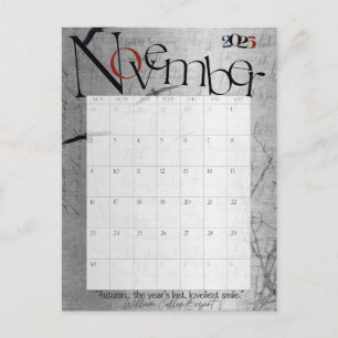 November Gray Modern Monthly Calendar 2025 Postkarte