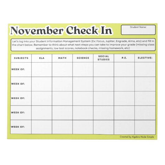 November Studierender Karo in der wöchentlichen Kl Notizblock (Vorderseite)