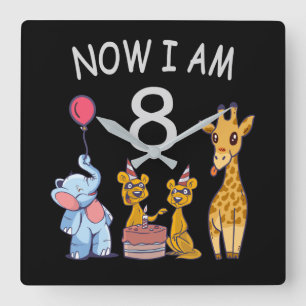 Now I am 8 years old 8th Birthday at the Zoo Quadratische Wanduhr