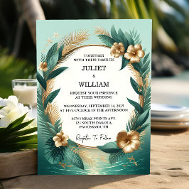Now Wreath Palm Tree Beach Green And Gold Wedding Einladung