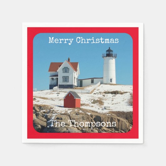 Nubble Frohe Weihnachts-RotfamilienLeuchtturm Serviette (Vorderseite)