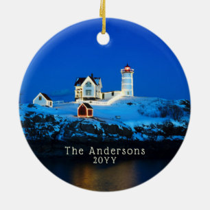 Nubble Holiday Lights FamilienLeuchtturm Keramik Ornament