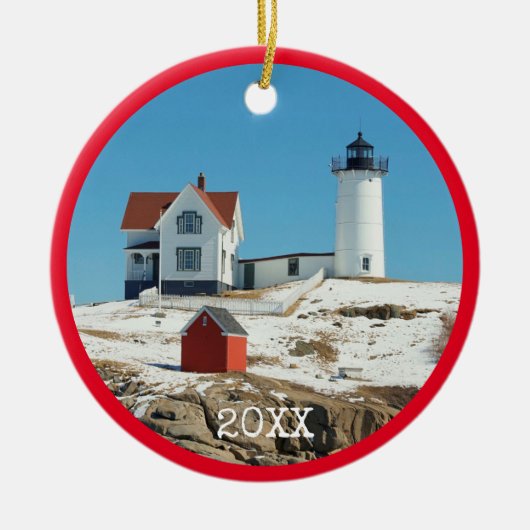 Nubble Lighthouse Red Family Foto Keramik Ornament (Vorne)