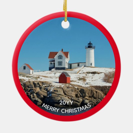 Nubble Red Year Atlantic Ocean Maine Lighthouse Keramik Ornament (Hinten)