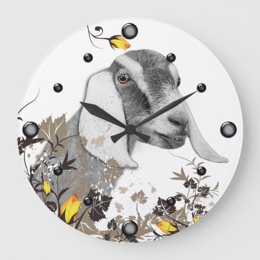 Nubian Goat Sketch Floral Wall Clock Große Wanduhr (Vorderseite)