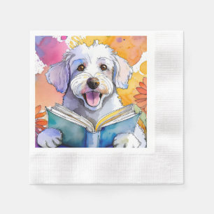 Nüchterner Schnoodle-Hund liest großes Buch zur Er Serviette