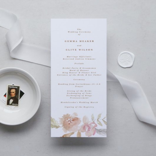 Nude Romantic Watercolor Florals Hochzeit Programm