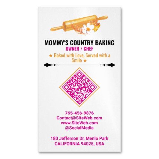 Nudelholz-Logo & Slogan | Vorfertiger QR-Code Bäck Magnetische Visitenkarte (Vorderseite Vertikal)