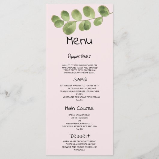 Nudeln, rosa, goldfarbene Eukalyptusblätter, Hochz Programm (Vorderseite)