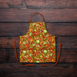 Nudeln und buntes Gemüse, rot braun Schürze