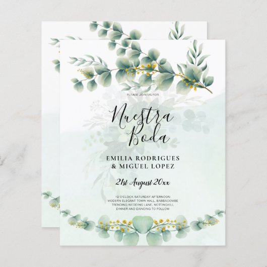 Nuesta Boda Greenery Gold Wedding Einladung (Vorne/Hinten)