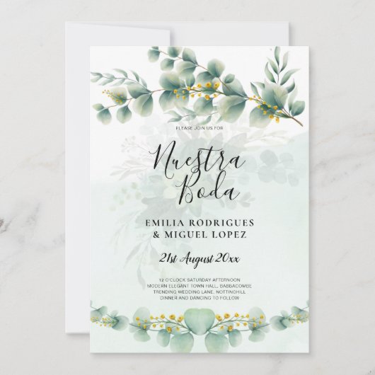 Nuesta Boda Greenery Gold Wedding Einladung (Vorderseite)