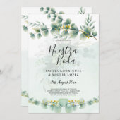 Nuesta Boda Greenery Gold Wedding Einladung (Vorne/Hinten)