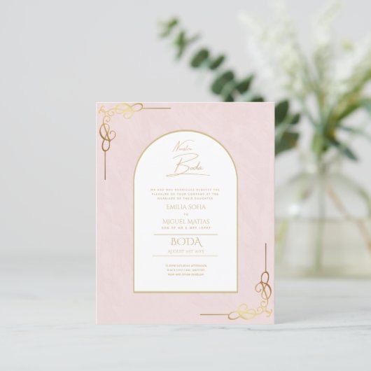 Nuestra Boda Budget Gold Akzent Bilingual Einladun (Stehend Vorderseite)