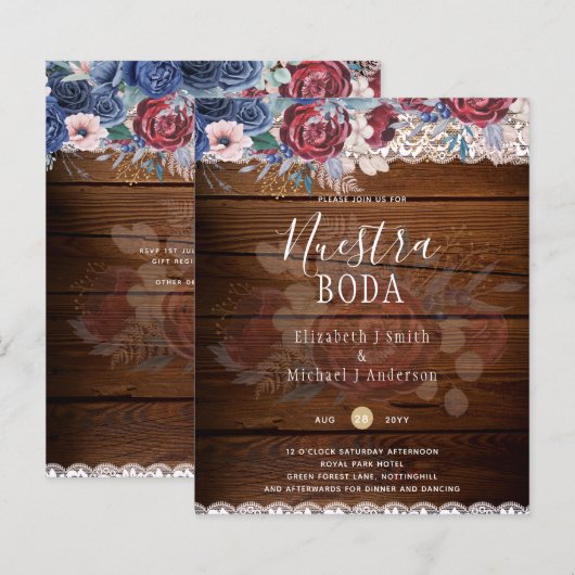 Nuestra Boda Burgundy Blue Floral Lace INVITE (Vorne/Hinten)