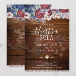 Nuestra Boda Burgundy Blue Floral Lace INVITE Einladung