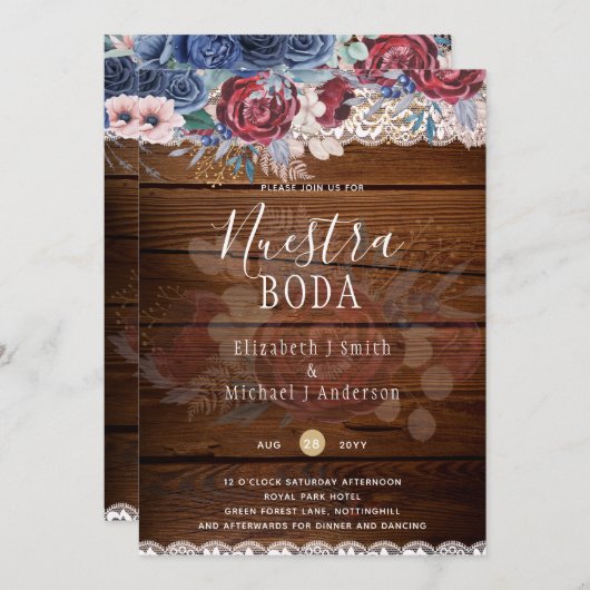 Nuestra Boda Burgundy Blue Floral Lace INVITE Einladung (Vorne/Hinten)