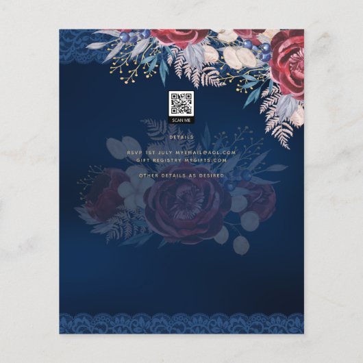 Nuestra Boda Burgundy Blue Floral Lace INVITE Flyer (Hinten)