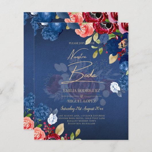 NUESTRA BODA Burgundy Blue Floral Wedding INVITE (Vorne/Hinten)