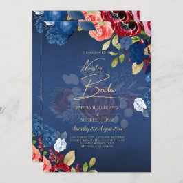 NUESTRA BODA Burgundy Blue Floral Wedding INVITE Einladung