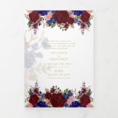 Nuestra Boda Burgundy Blue Floral Wedite Dreifach Gefaltete Einladung (Cover)