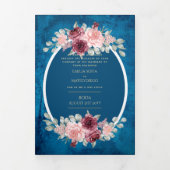 Nuestra Boda Burgundy Blue Floral Wedite Dreifach Gefaltete Einladung (Cover)