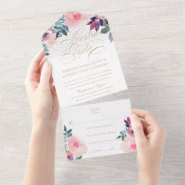 Nuestra Boda Flores Morado y Rosa Wedding All In One Einladung