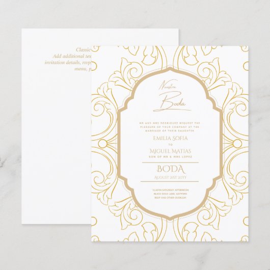 Nuestra Boda GOLD Frame Spanish Wedding INVITE (Vorne/Hinten)