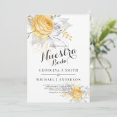 Nuestra Boda Gold White Roses Silver Blätter Moder Einladung (Stehend Vorderseite)