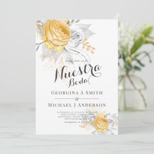 Nuestra Boda Gold White Roses Silver Blätter Moder Einladung (Stehend Vorderseite)