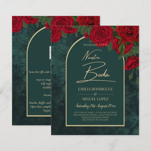 NUESTRA BODA Green Gold Rote Rosen WinterEINLADUNG (Vorne/Hinten)