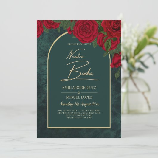 NUESTRA BODA Green Gold Rote Rosen WinterEINLADUNG Einladung (Stehend Vorderseite)