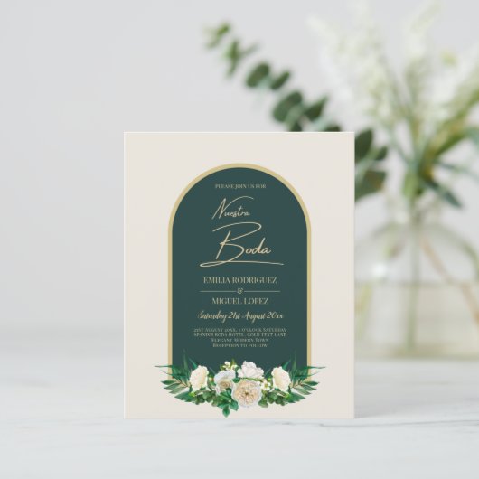NUESTRA BODA Green Gold White Roses Winter INVITE (Stehend Vorderseite)