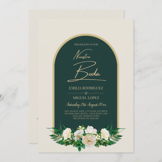 NUESTRA BODA Green Gold White Roses Winter INVITE Einladung (Vorne/Hinten)