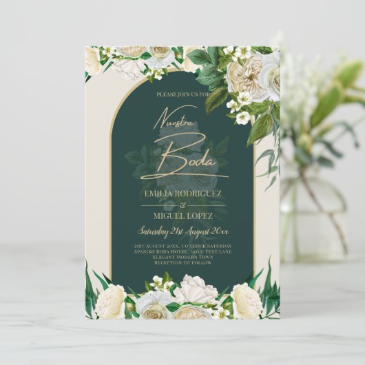 NUESTRA BODA Green Gold White Roses Winter INVITE Einladung (Stehend Vorderseite)