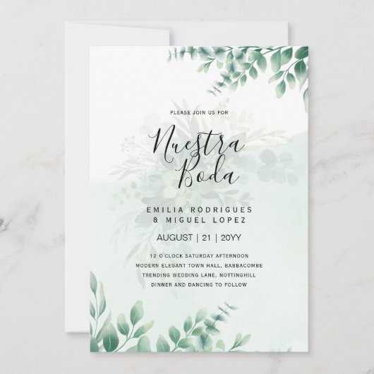 NUESTRA BODA Greenery RSVP MENU DETAILS QRCode Einladung (Vorderseite)