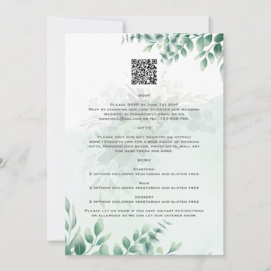 NUESTRA BODA Greenery RSVP MENU DETAILS QRCode Einladung (Rückseite)