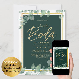 Nuestra Boda Greenery Spanish WEDDING QR CODE Einladung