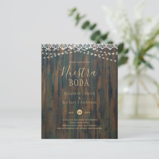 NUESTRA BODA HAUSHALT RUSTISCHE LICHTE LACE INVITE (Stehend Vorderseite)