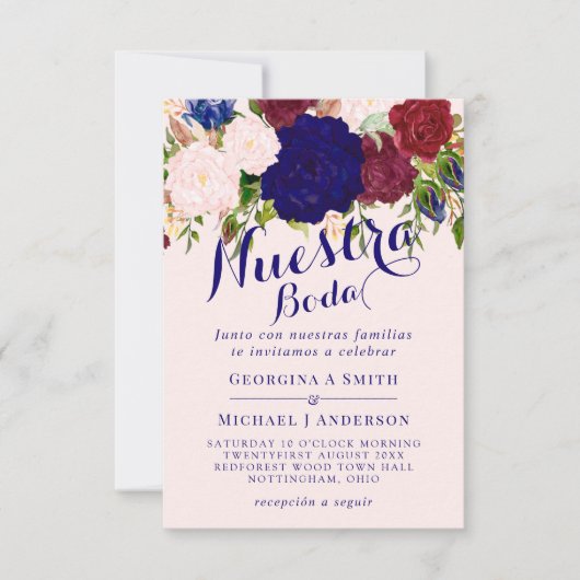 Nuestra Boda Invitacion Burgundy Blue Pink Floral Einladung (Vorderseite)