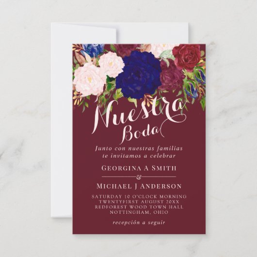 Nuestra Boda Invitacion Burgundy Blue Pink Floral Einladung (Vorderseite)