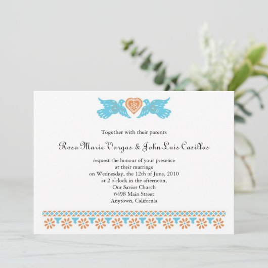 Nuestra Boda Papel Picado Love Birnen Aquamarin Einladung (Stehend Vorderseite)