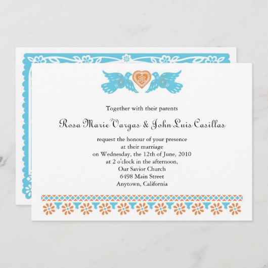 Nuestra Boda Papel Picado Love Birnen Aquamarin Einladung (Vorne/Hinten)