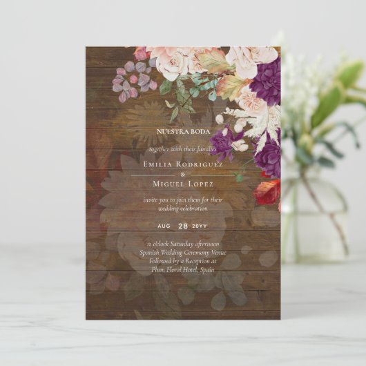 NUESTRA BODA Plum Fall Floral Spanish Wedding (Stehend Vorderseite)