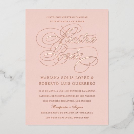 Nuestra Boda Rose Gold Folieneinladung (Vorderseite)