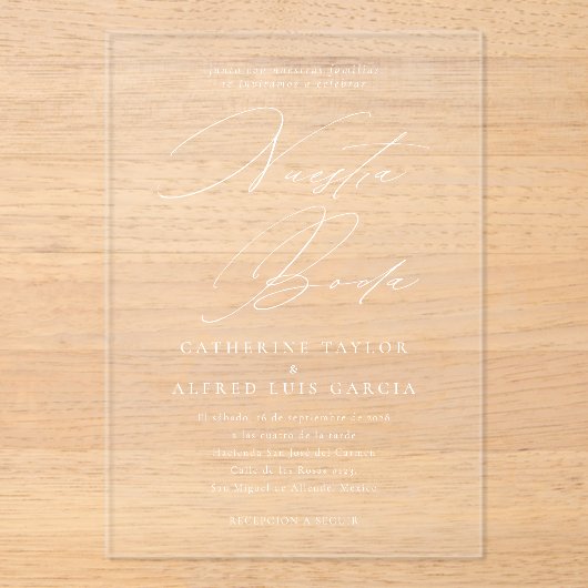 Nuestra Boda Spanische Sprache Weißes Skript Hochz Acryleinladungen (Vorderseite)