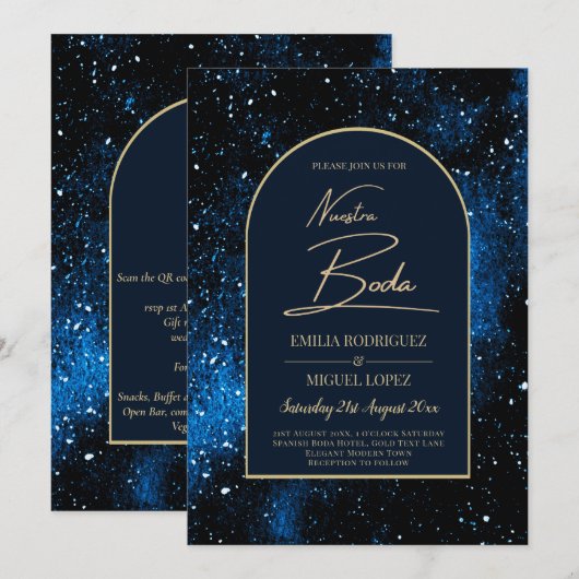 NUESTRA BODA Starry Night Navy Blue Gold INVITE Einladung (Vorne/Hinten)