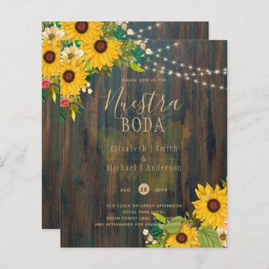 NUESTRA BODA Sunflowers Rustic Wood Wedite Einladu (Vorne/Hinten)