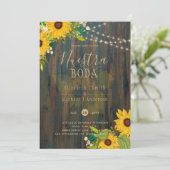 NUESTRA BODA Sunflowers Rustic Wood Wedite Einladu Einladung (Stehend Vorderseite)