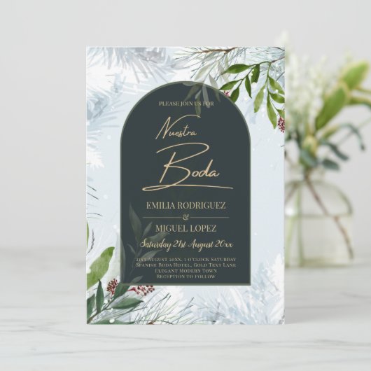 NUESTRA BODA Winter Greenerie Wedding Einladung (Stehend Vorderseite)